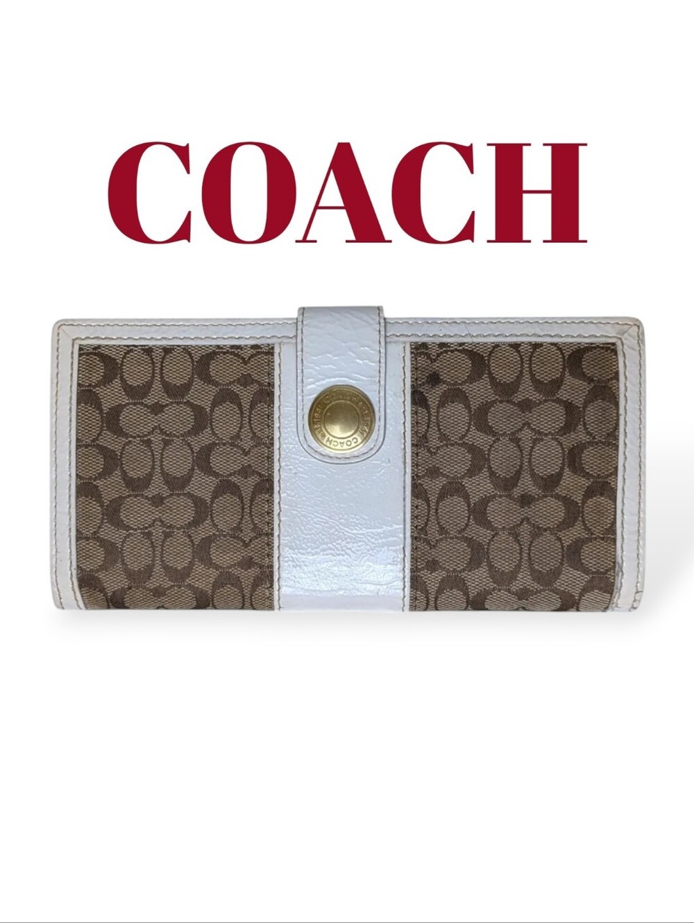 Vintage Coach Signature Mini C Canvas Patent Leather Trifold Brown Khaki & Cream